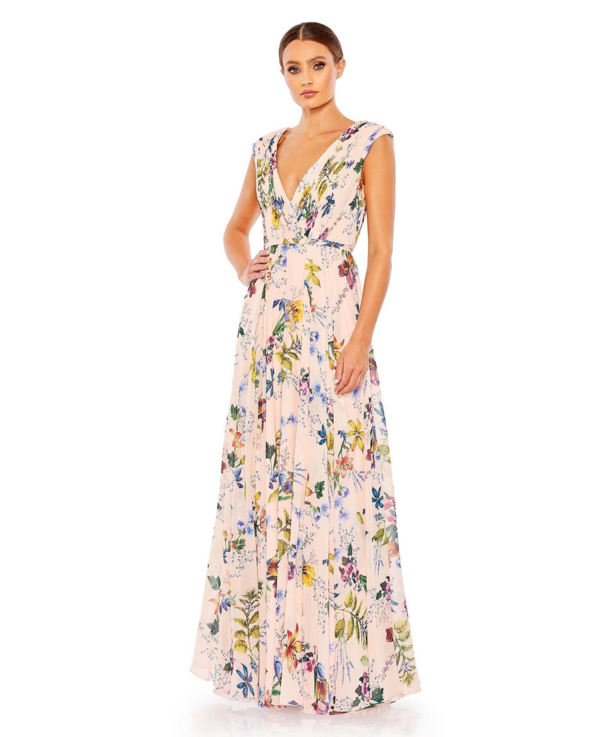 Women's Pleated Floral Cap Sleeve A Line Gown - Pink multi