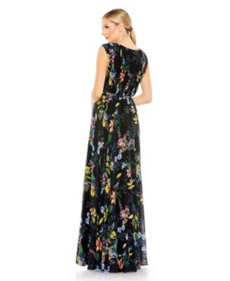 Women's Pleated Floral Cap Sleeve A Line Gown