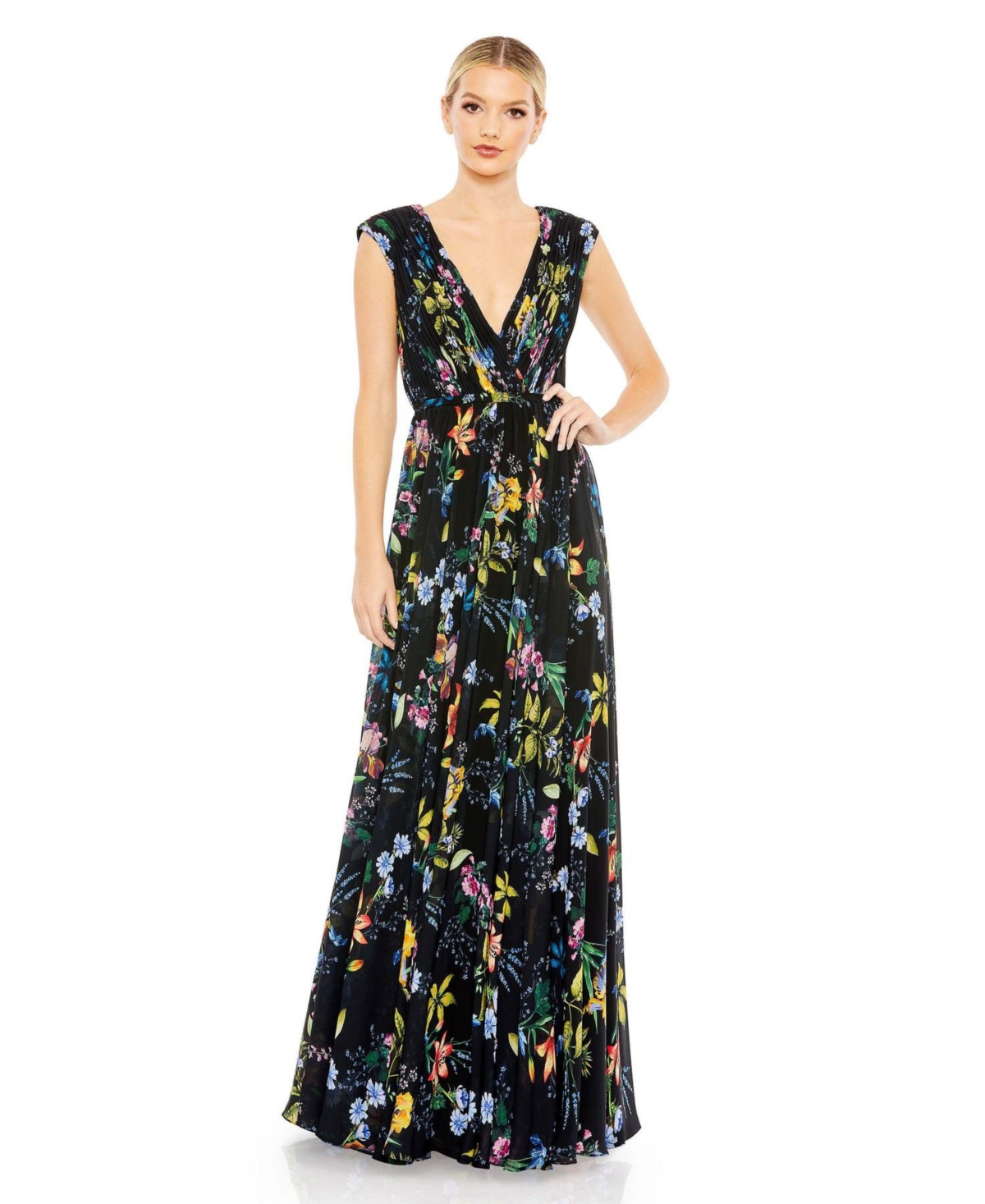 MAC DUGGAL WOMEN'S PLEATED FLORAL CAP SLEEVE A LINE GOWN