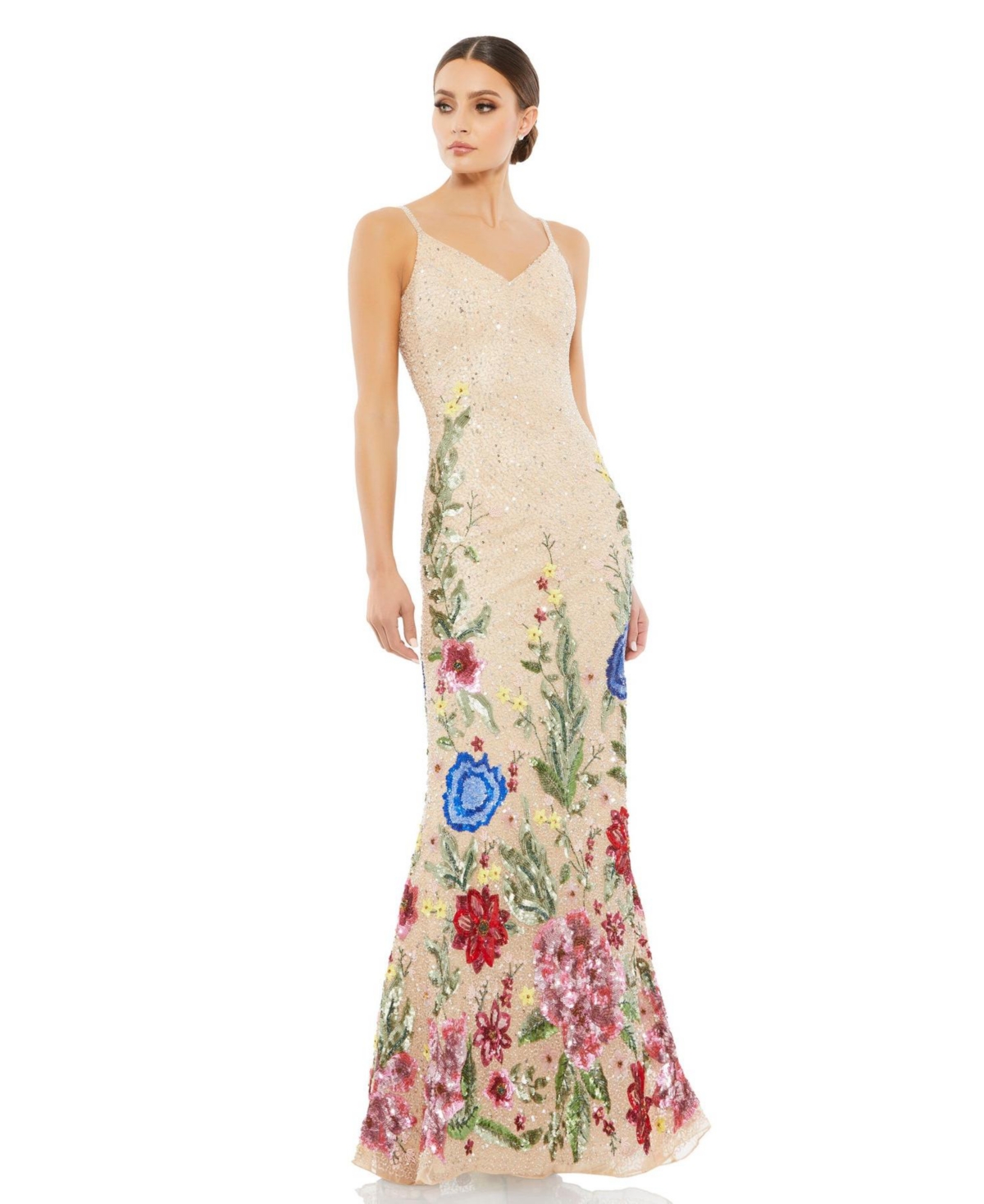 MAC DUGGAL WOMEN'S FLORAL EMBELLISHED SPAGHETTI STRAP GOWN