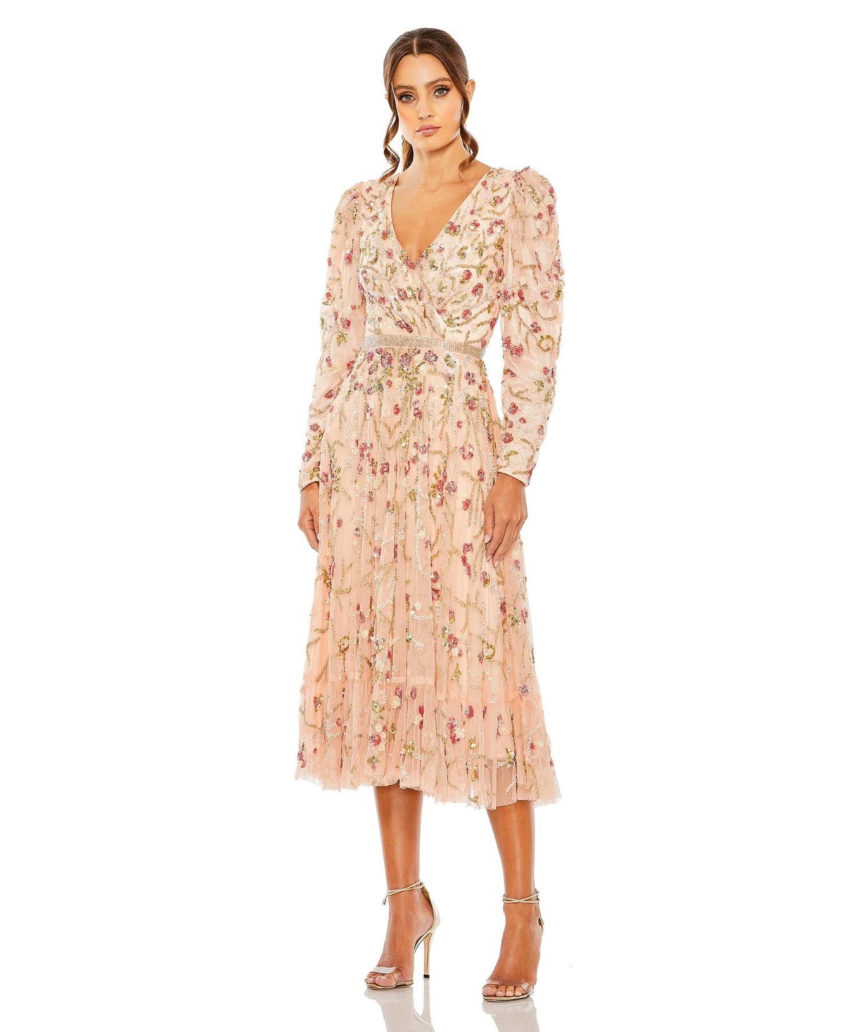 Women's Floral Embellished Wrap Over Puff Sleeve A Line Gown - Blush multi