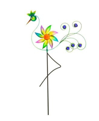 Cheerful Summer Days Wind spinner Garden Stake, Green/yellow/pink Bird, Short