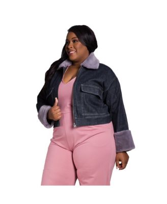 Women's Plus Size Curvy Fit Zip Up Faux Fur Trim Trucker Jacket