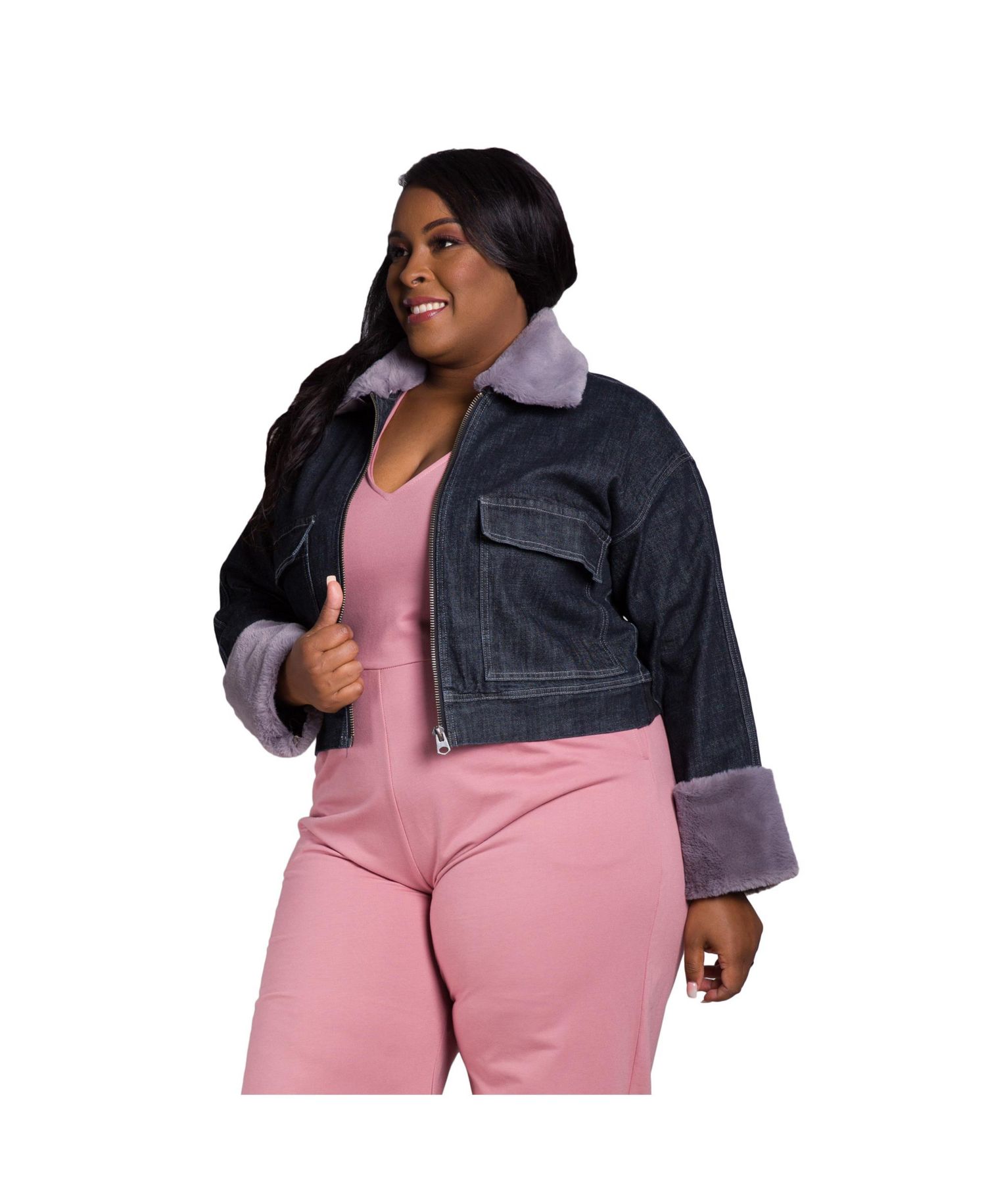 Women's Plus Size Curvy Fit Zip Up Faux Fur Trim Trucker Jacket