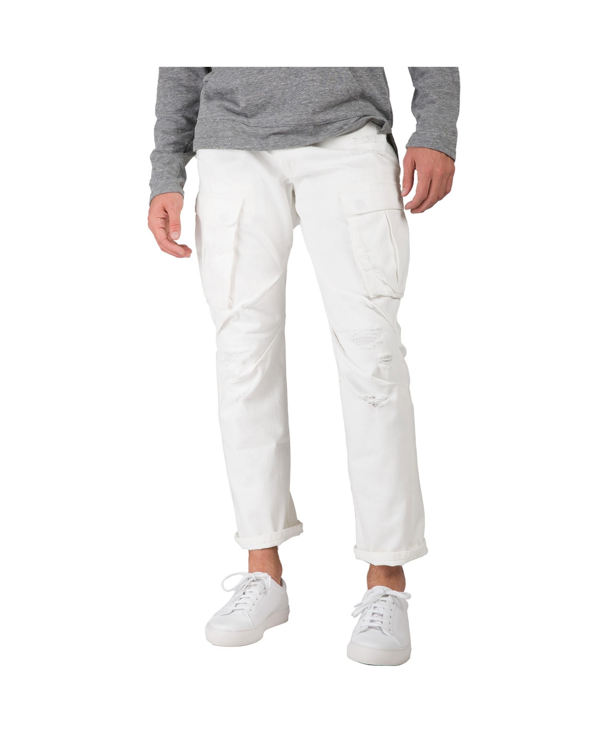 Men's Premium White Jeans Slim Straight Distressed Cargo Side Pockets - White snowman