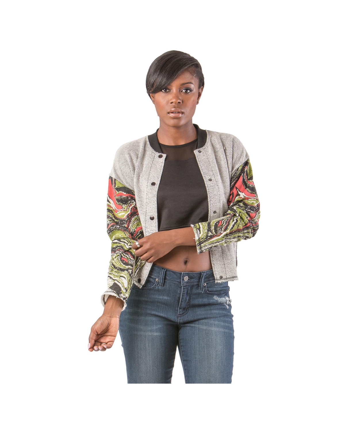 Women's Curvy Fit French Terry Marble Printed Baseball Jacket - Grey