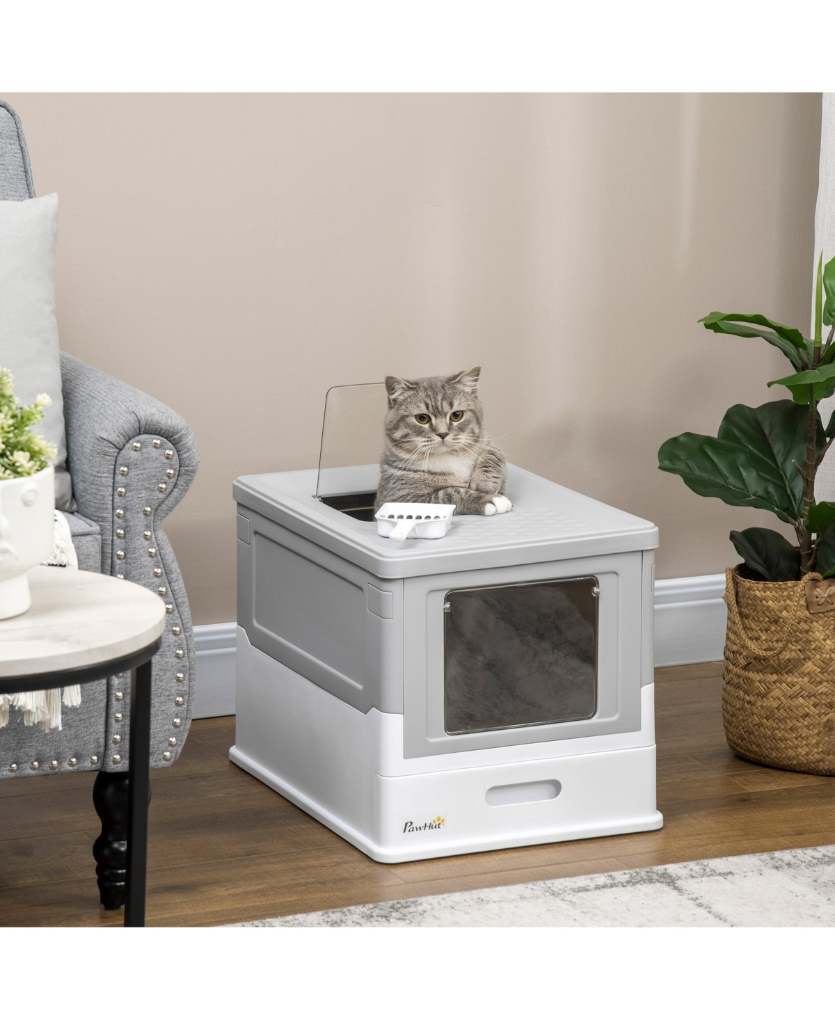 PawHut Fully Enclosed Cat Litter Box with Front Entry, Yellowish Green