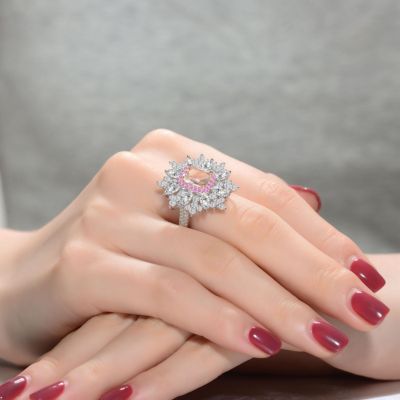 Sterling Silver White Gold Plated Radiant Pink or Yellow with Clear Cubic Zirconia Halo Ring
