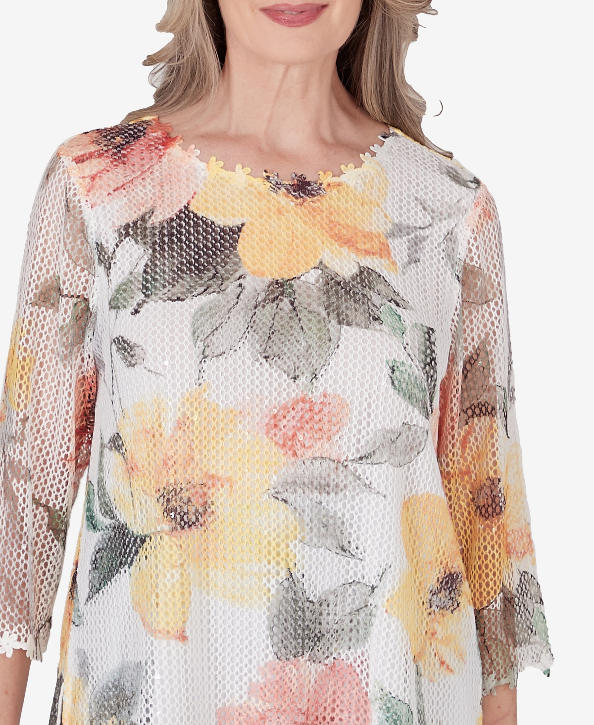 Alfred Dunner Women's Charleston Watercolor Floral Mesh Top