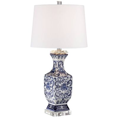 Iris Vintage like Asian Chinese Style Table Lamp 28" Tall Porcelain Blue Floral Jar Geneva White Drum Shade Decor for Living Room Bedroom House Bedside Nightstand Home Office Reading - Barnes and Ivy