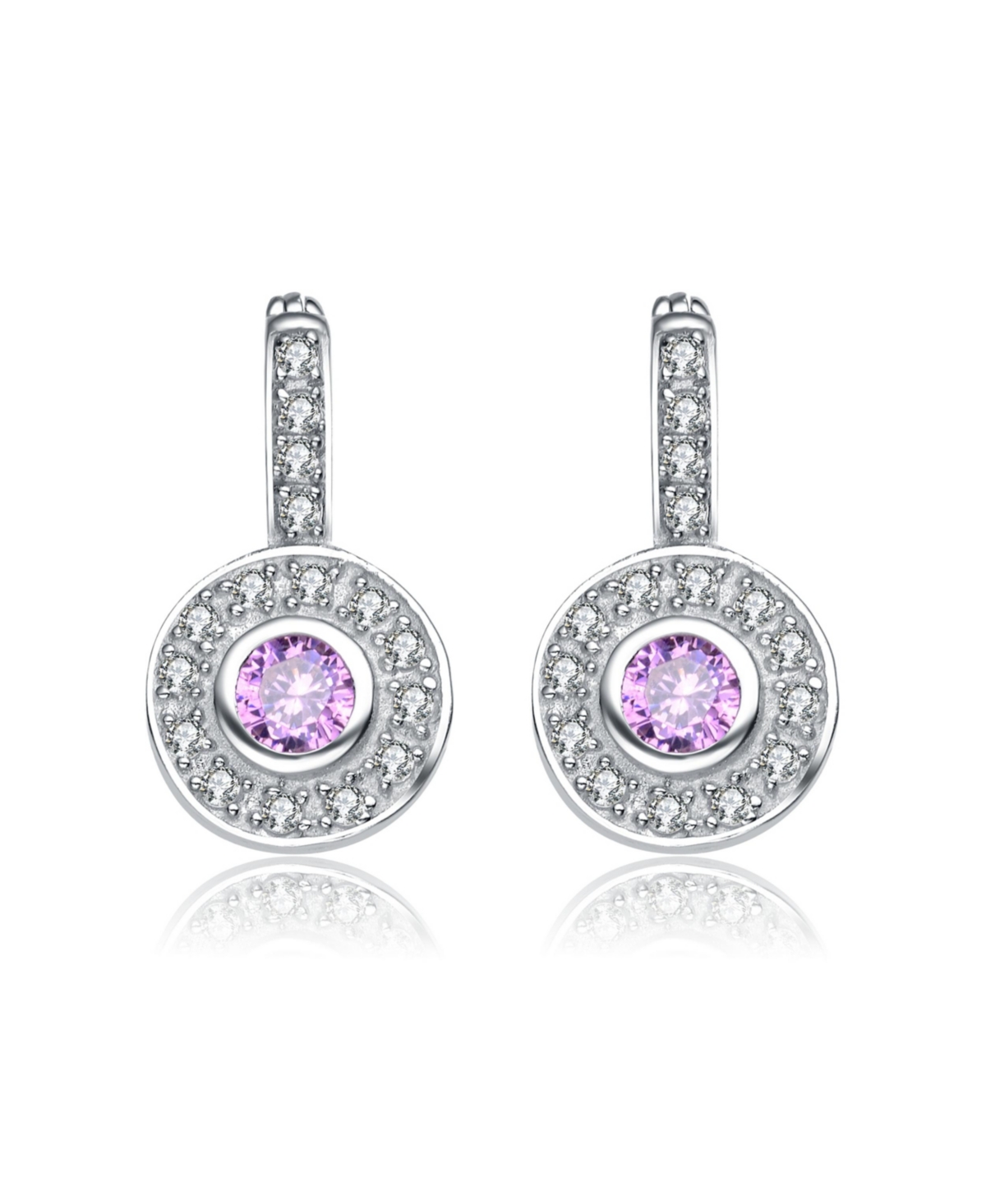 Modern White Gold Plated Round Dangle Earrings with Pink Cubic Zirconia - Pink