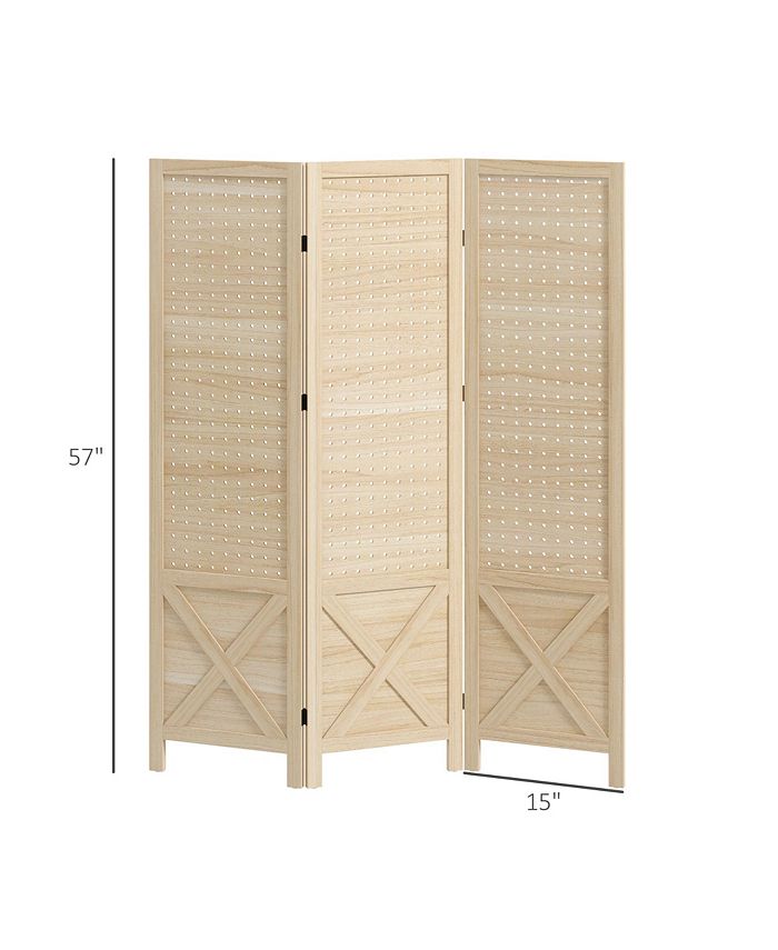 HOMCOM 4 Panel Pegboad Display Oom Divide, Tall Wood Indoor Portable Folding Privacy Screen Partition Wall Divider For Home Office Natural Mheo7058