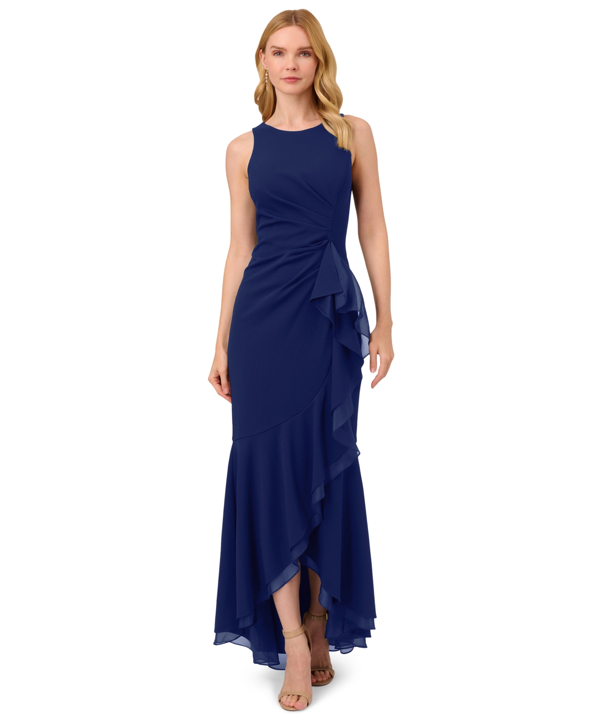ADRIANNA PAPELL WOMEN'S SLEEVELESS RUFFLED HIGH-LOW GOWN 