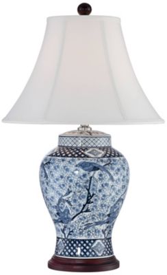 Shonna Traditional Table Lamp 27" Tall Blue White Garden Bird Bell Shade for Bedroom Living Room Bedside Nightstand Office Family House