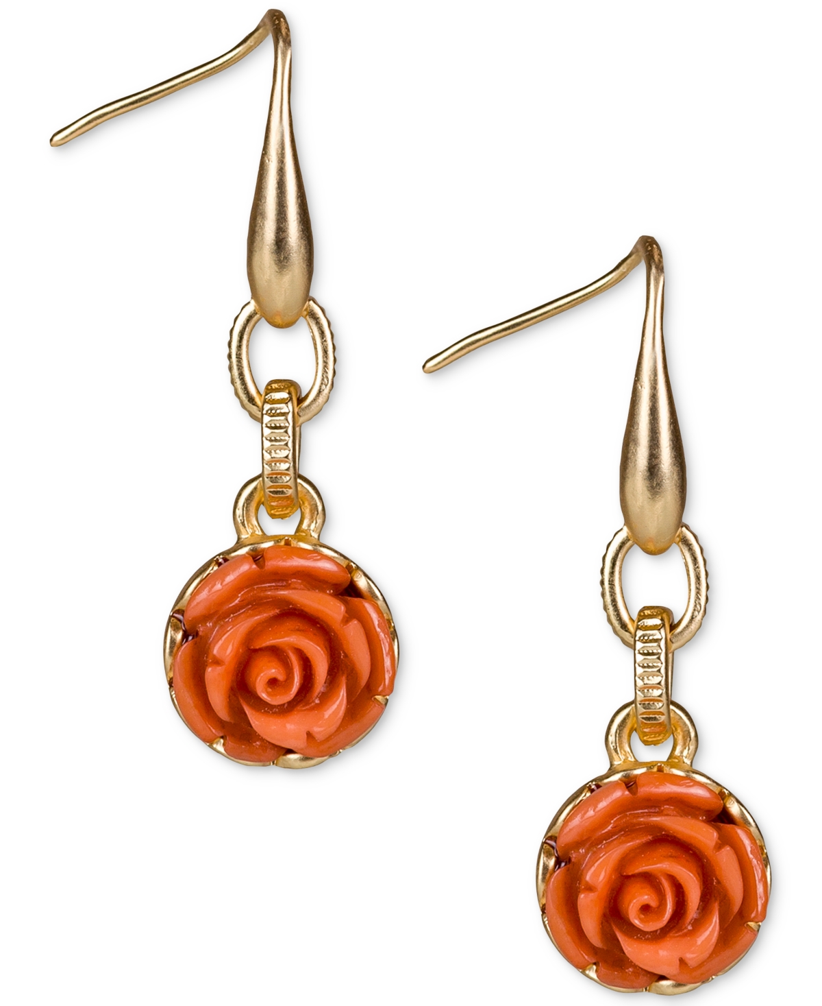 Gold-Tone Carved Rose Drop Earrings - Egyptian Gold, Pink