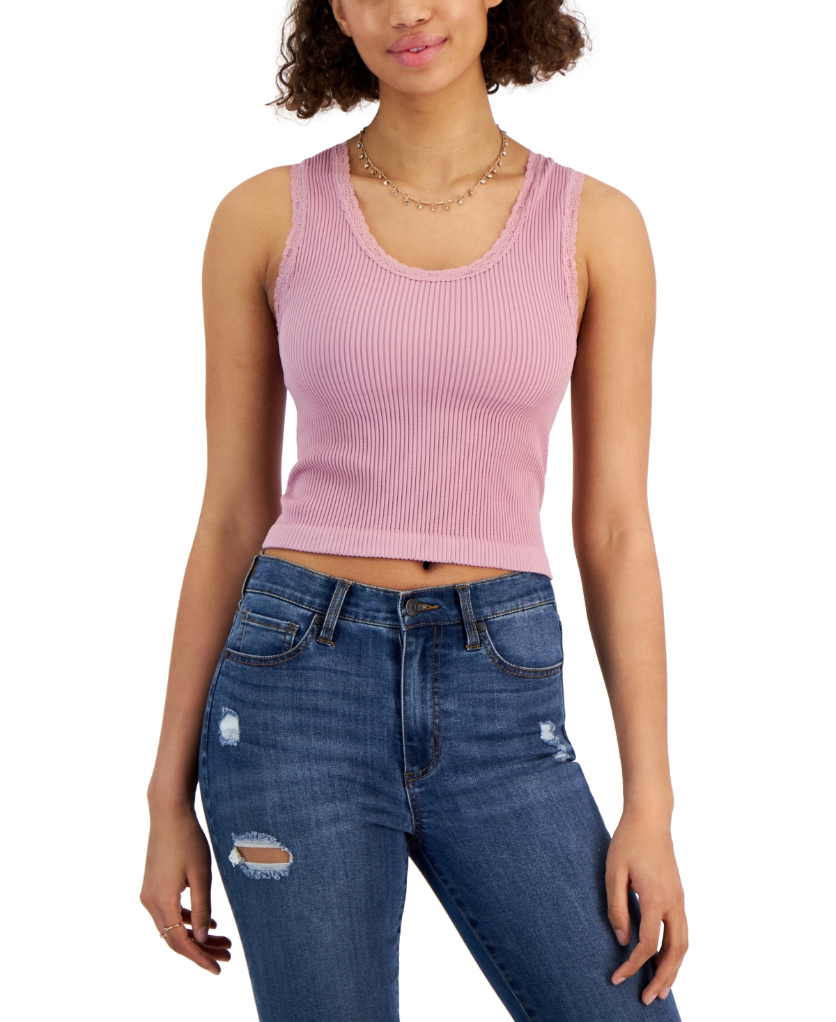 Pink Rose Juniors' Lace-trim Seamless Ribbed Tank In Orchid Haze