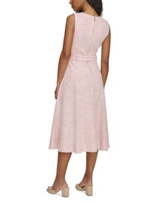 Women's Jewel-Neck Sleeveless Belted Tweed Midi Dress
