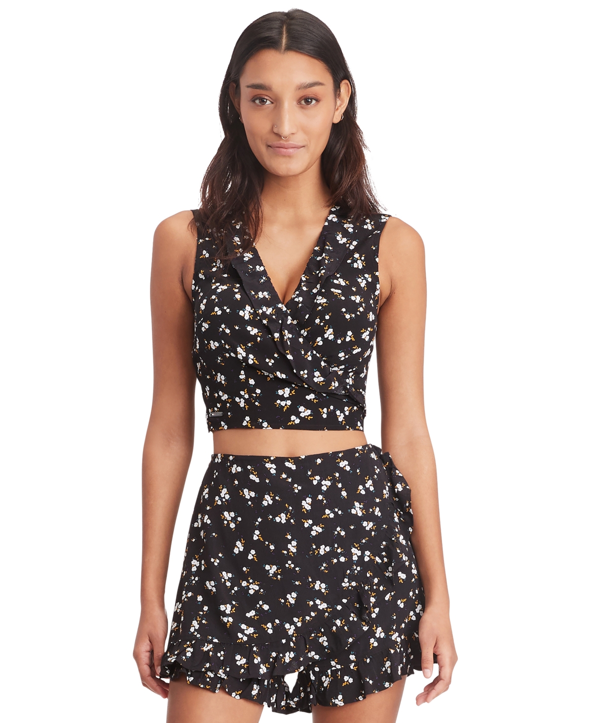 Women's Floral-Print Cropped Ruffled Top - Spring Flower
