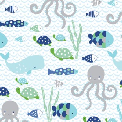 Oceania 100% Cotton Blue/Gray/White Whale with Octopus and Fish Nautical Ocean Theme Fitted Crib Sheet
