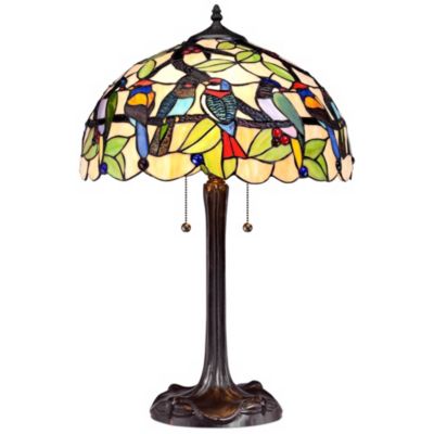 Traditional Table Lamp 24.75" High Bronze Tropical Birds Stained Glass Shade for Living Room Family Bedroom Nightstand