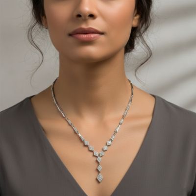 Sterling Silver White Gold Plated Cubic Zirconia Micro Pave Shape Necklace