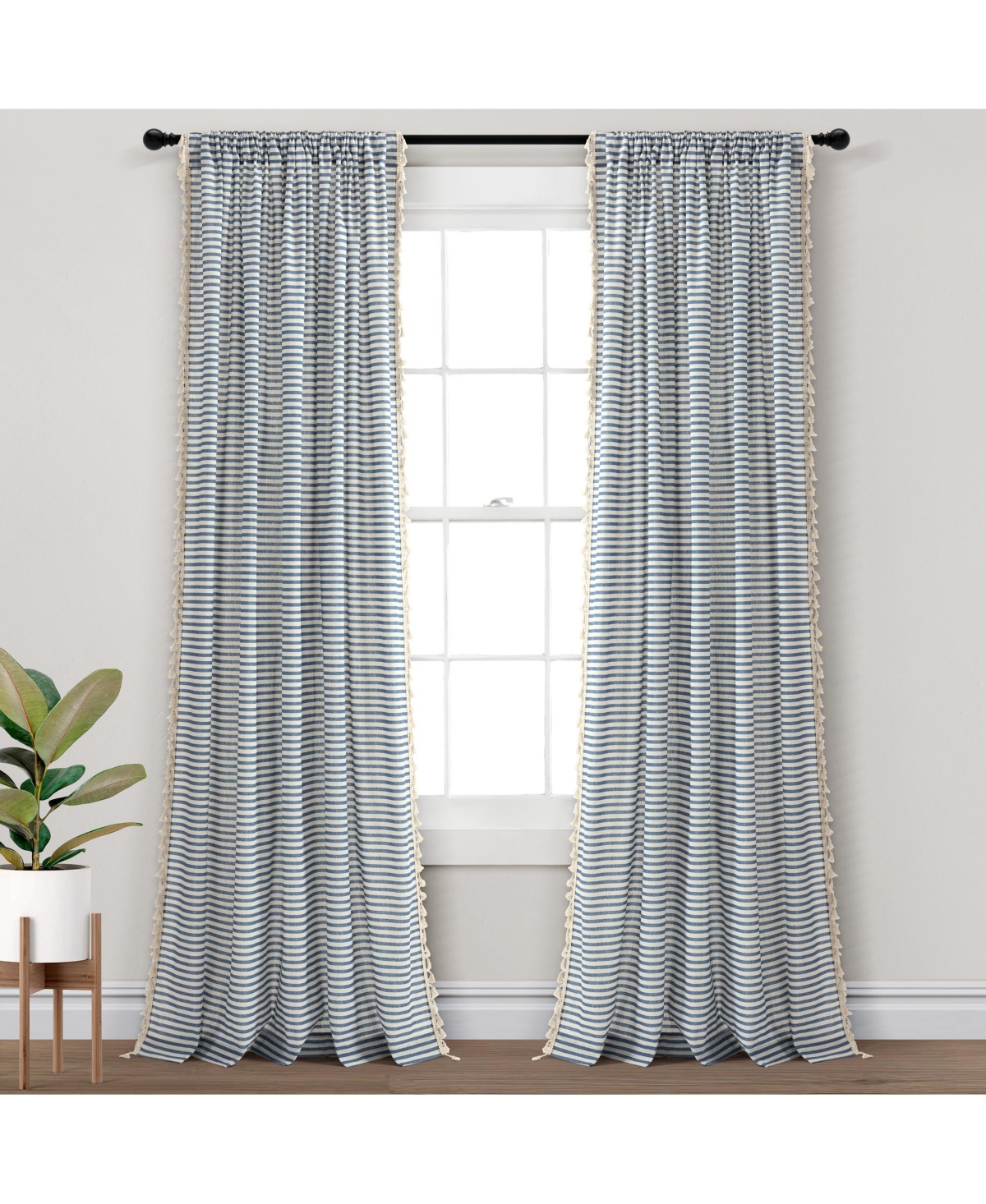 Boho Coastal Horizontal Ticking Stripe Tassel Window Curtain Panels - Gray