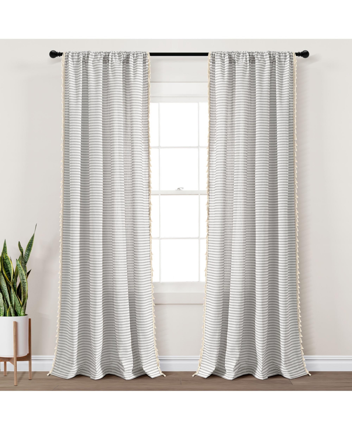 Boho Coastal Horizontal Ticking Stripe Tassel Window Curtain Panels - Gray