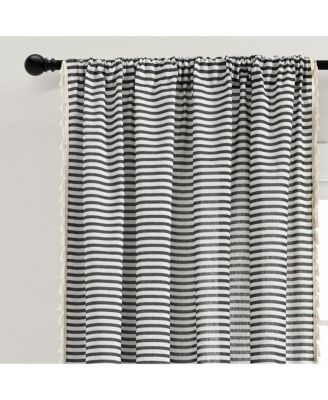 Boho Coastal Horizontal Ticking Stripe Tassel Window Curtain Panels
