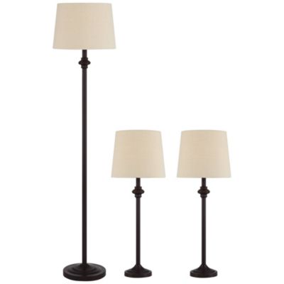 Carter Traditional 3 Piece Floor Table Lamp Set Bronze Metal Oatmeal Drum Shade for Bedroom Living Room Bedside Nightstand Office House