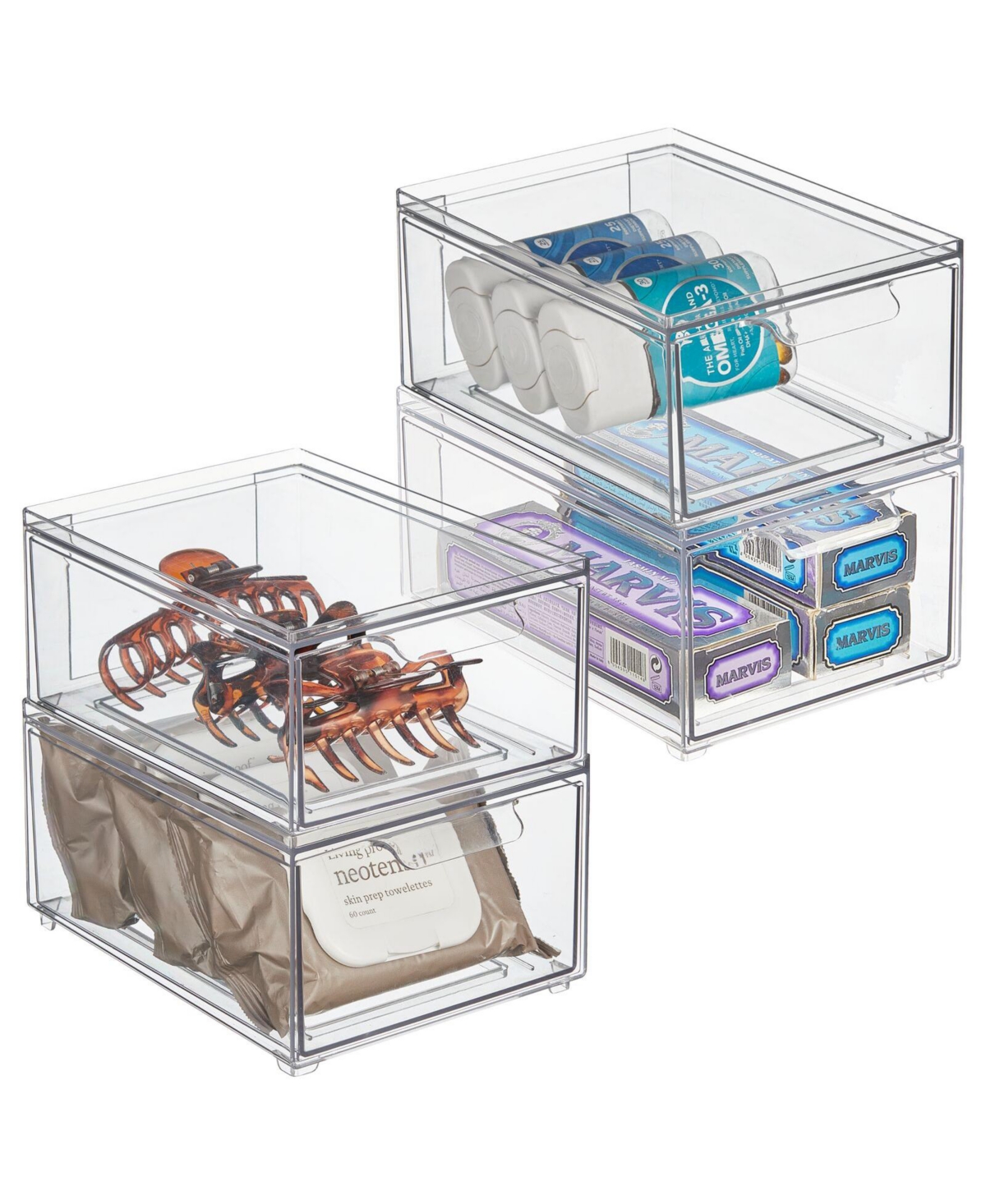 Plastic Stackable Bathroom Vanity Storage Organizer with Drawer - 8 x 6 x 4 - 4 Pack - Clear