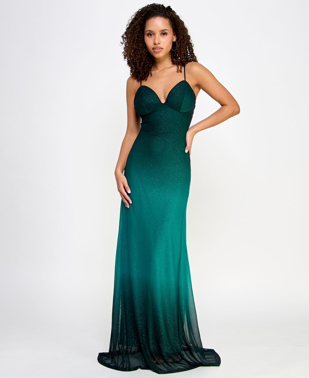 Juniors' Strappy Glitter Slim-Fit Gown - Hunter/ Peacock