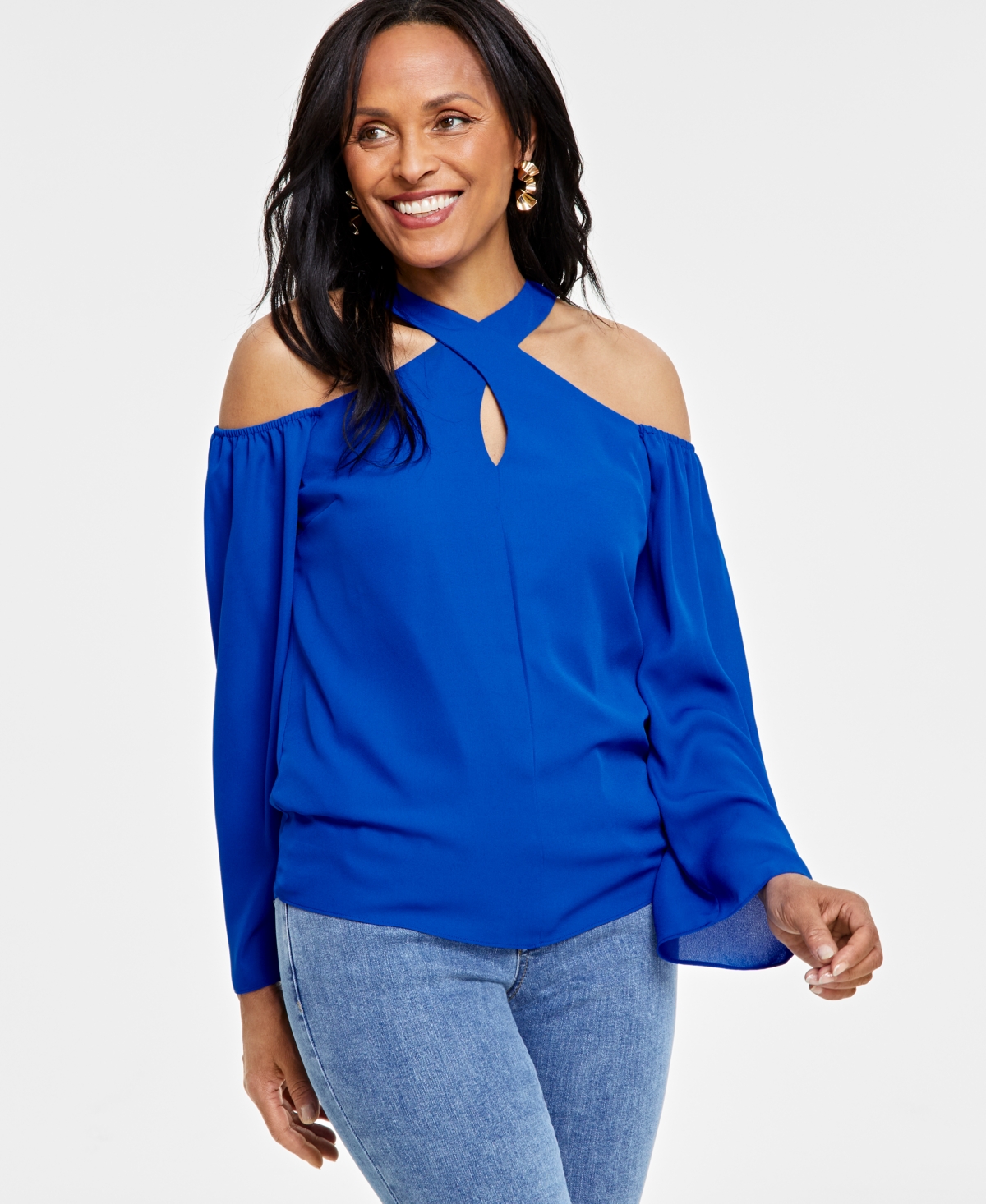 Inc International Concepts Women's Long-sleeve Halter-neck Blouse, Created For Macy's In Intense Cobalt