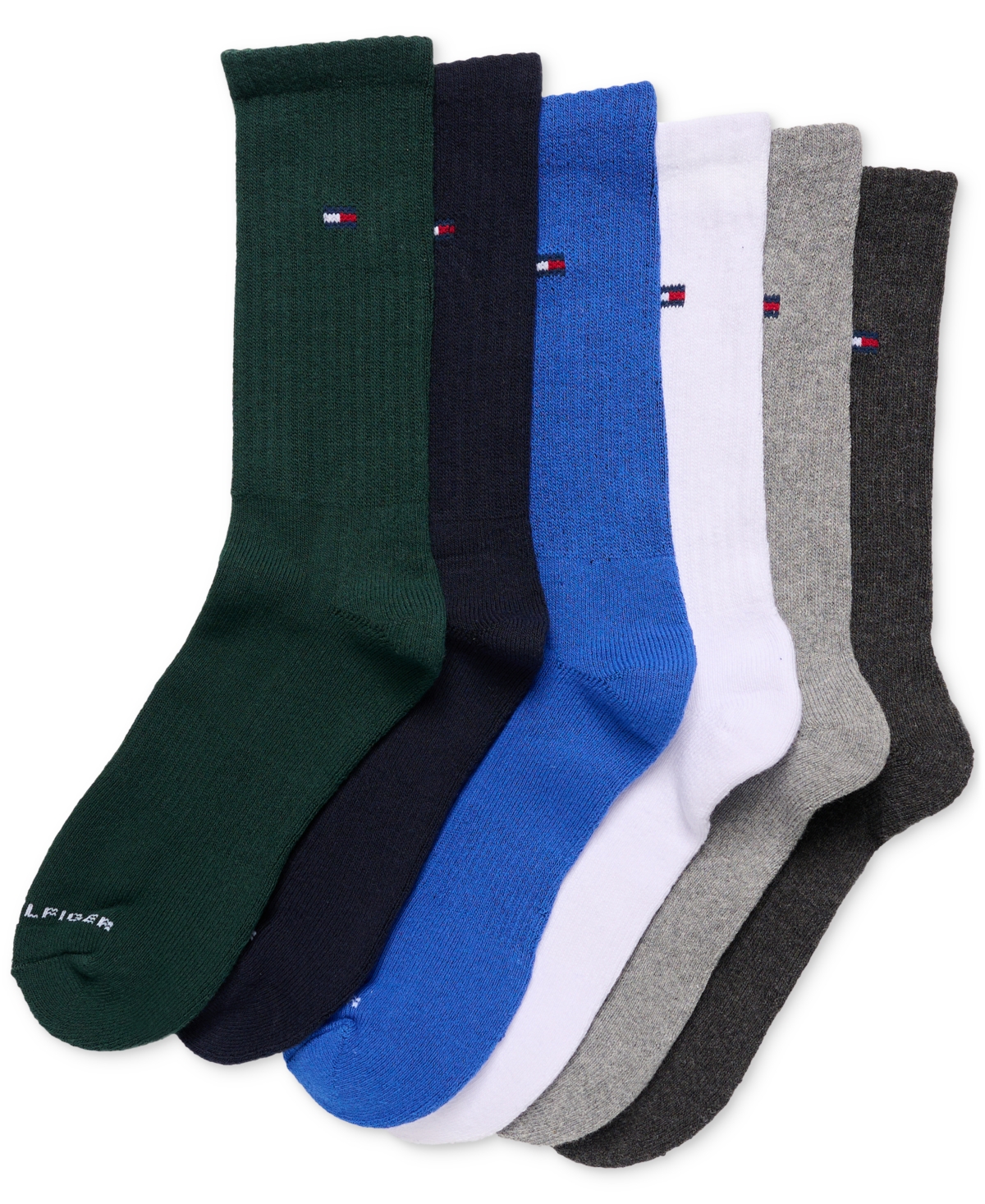 Shop Tommy Hilfiger 6-pack Cushion Sole Sports Crew Socks In Dark Green Assorted