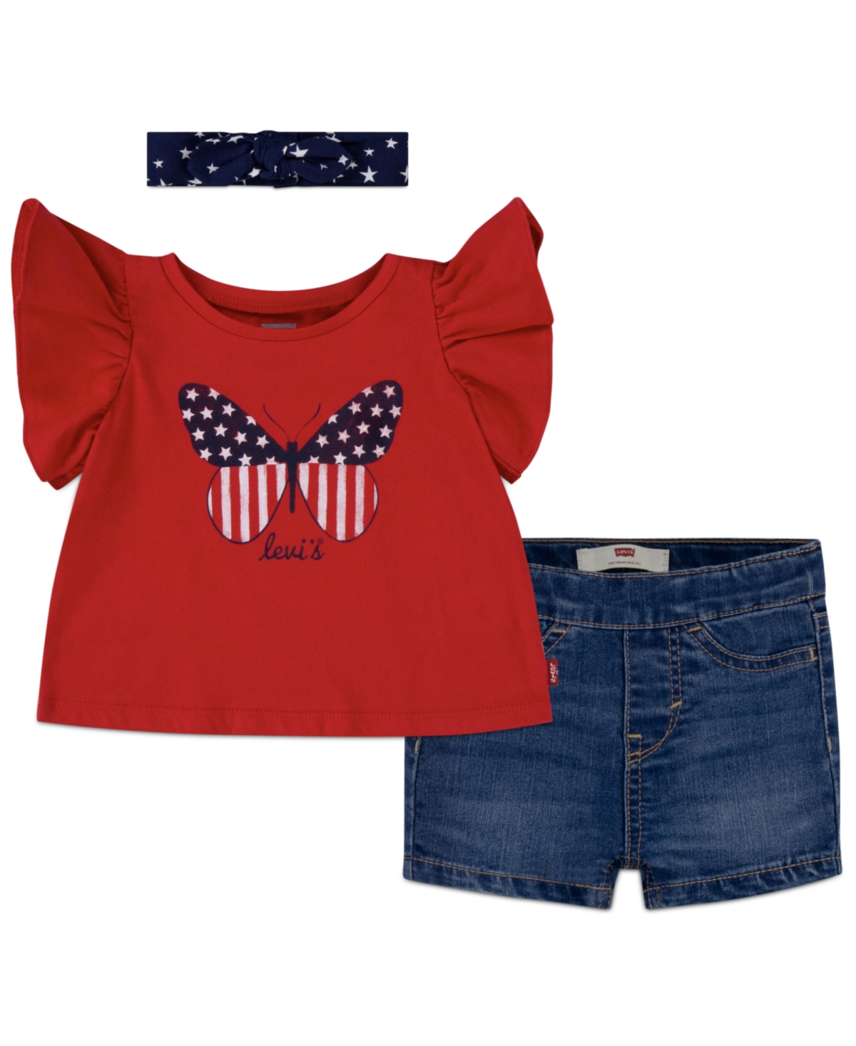 Shop Levi's Baby Girls Top, Shorts And Headband Set In Super,red