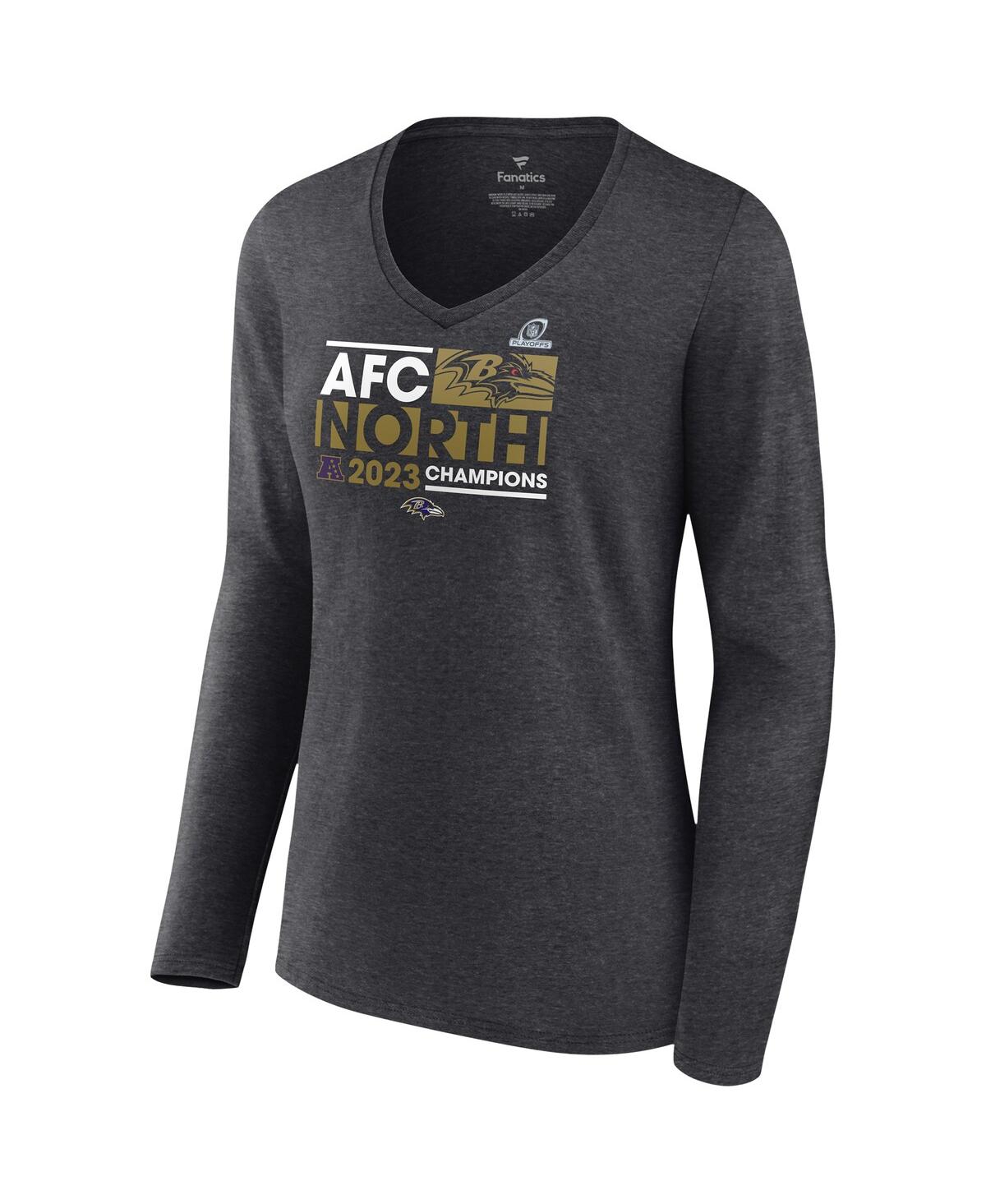 Women's FanaticsBaltimore Ravens 2023 Afc North Division Champions Conquer Long Sleeve V-Neck T-shirt - Heather Charcoal