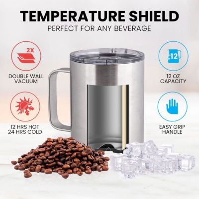 12 oz Insulated Coffee Mug with Lid - Stainless Steel Camping Mug Tumbler with Handle