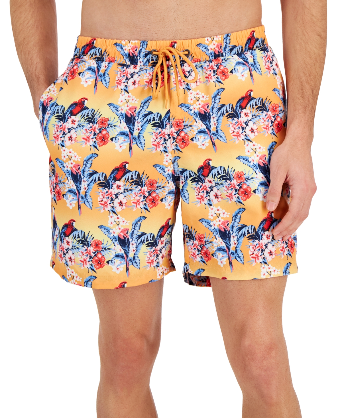 Shop Club Room Men's Bird Tropical Floral-print Quick-dry 7" Swim Trunks, Created For Macy's In Bright Tangelo
