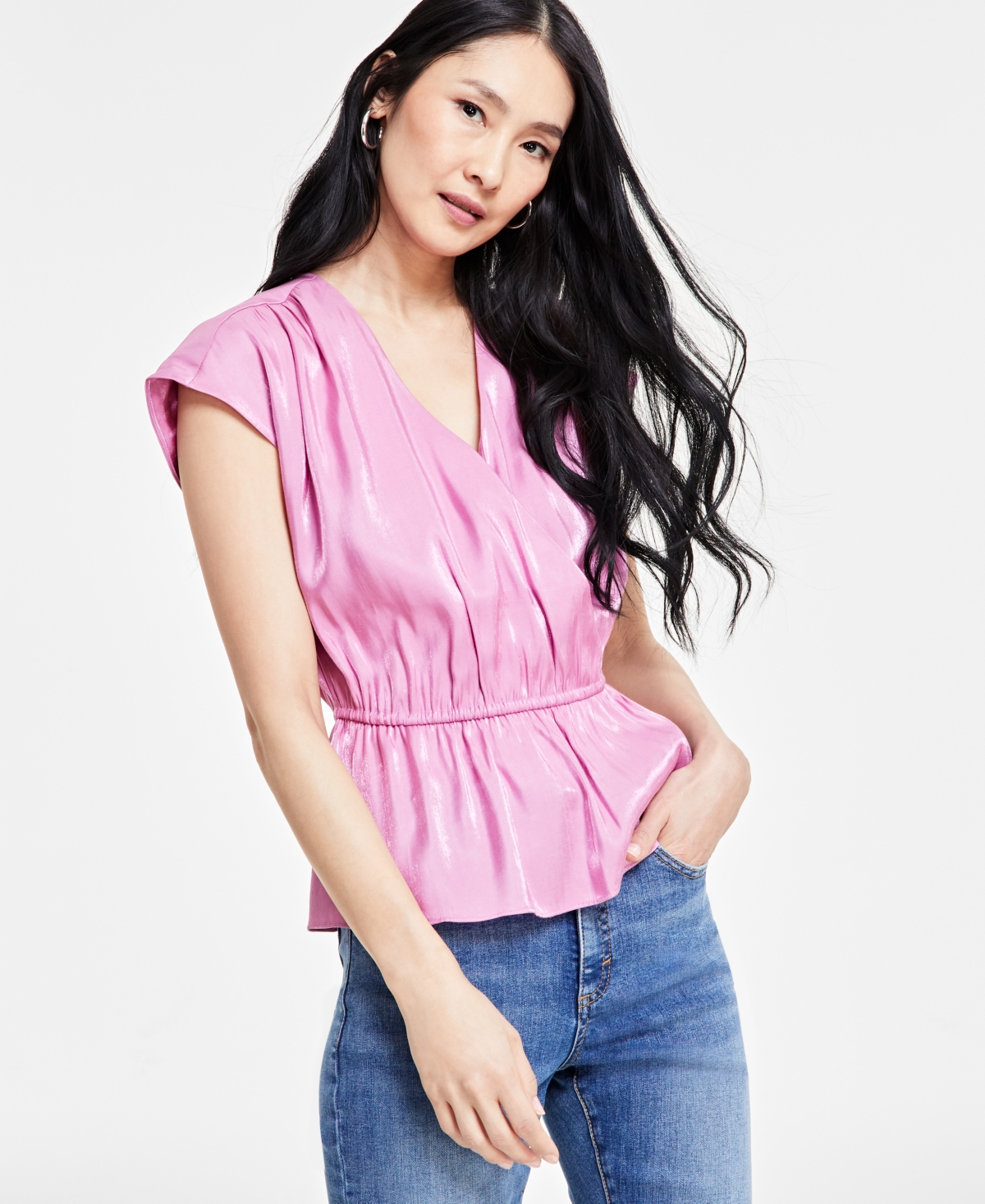 Inc International Concepts Women's Short-sleeve Blouse, Created For Macy's In Pink Azalea
