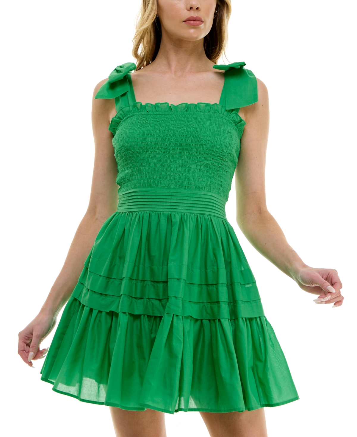 Juniors' Tie-Strap Smocked Ruffle Dress - Green