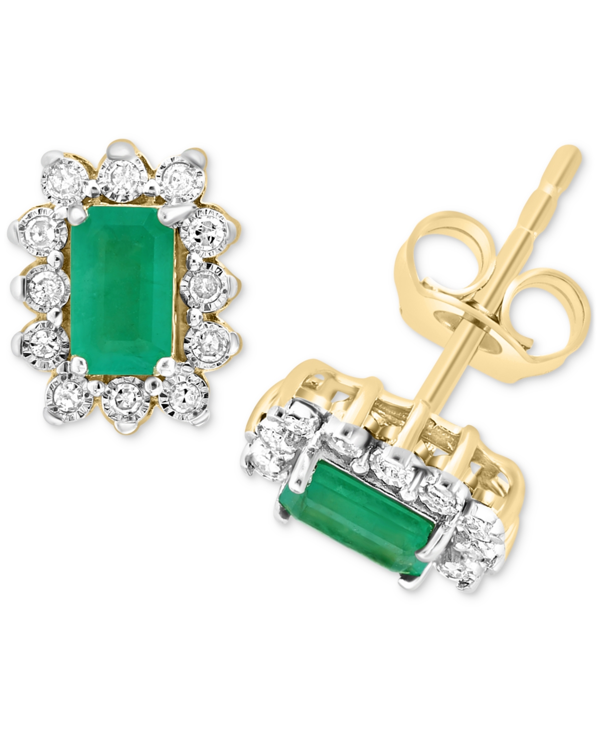 Shop Effy Collection Effy Emerald (1/2 Ct. T.w.) & Diamond (1/10 Ct. T.w.) Halo Stud Earrings In Gold-plated Sterling Sil In Yellow Gol