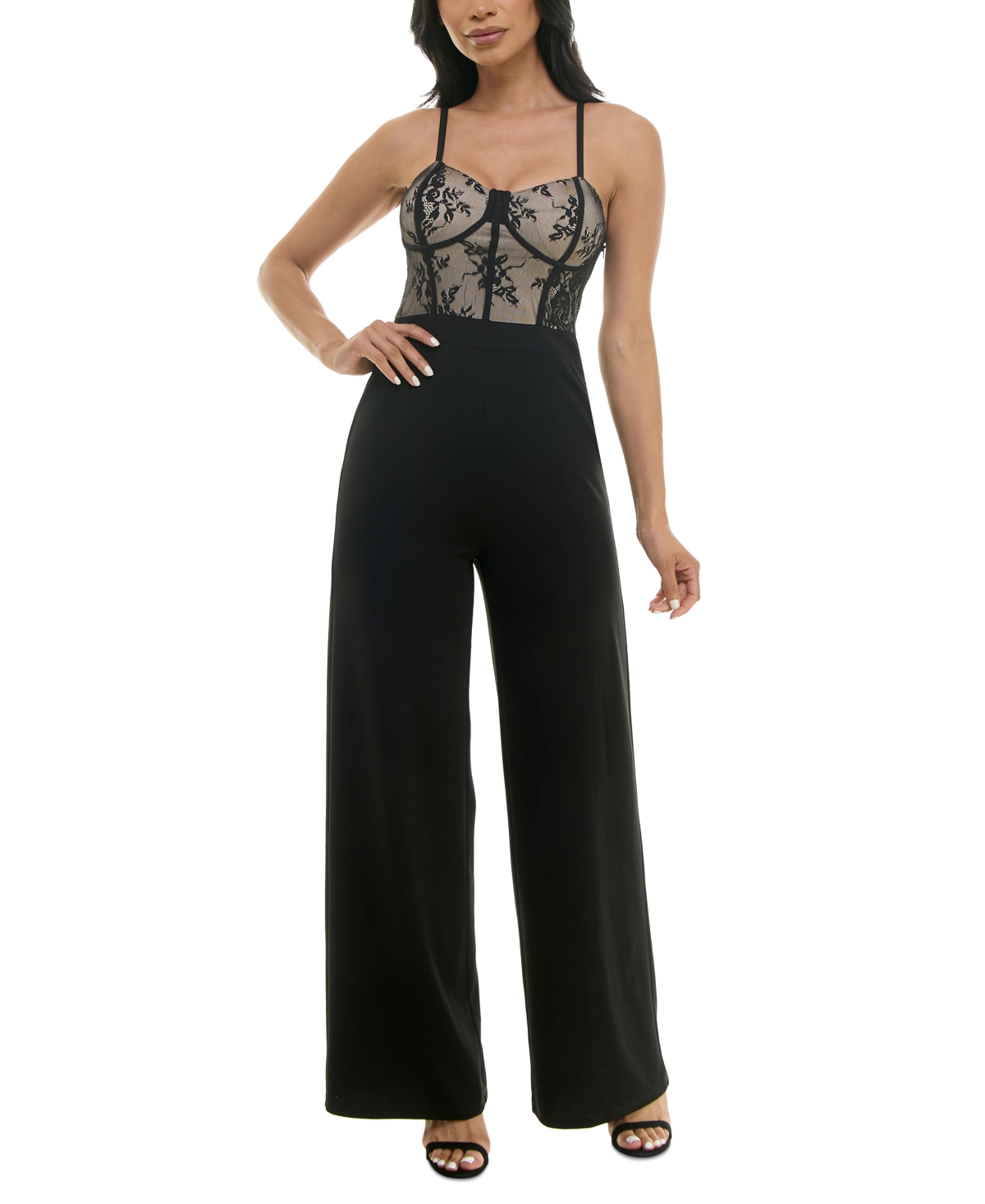 Almost Famous Crave Fame Juniors' Strappy Sweetheart-neck Jumpsuit In Black