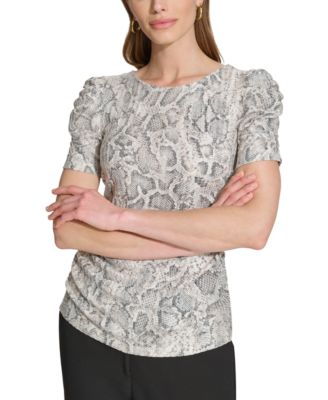 DKNY - Petite Snakeskin-Print Ruched-Sleeve Top