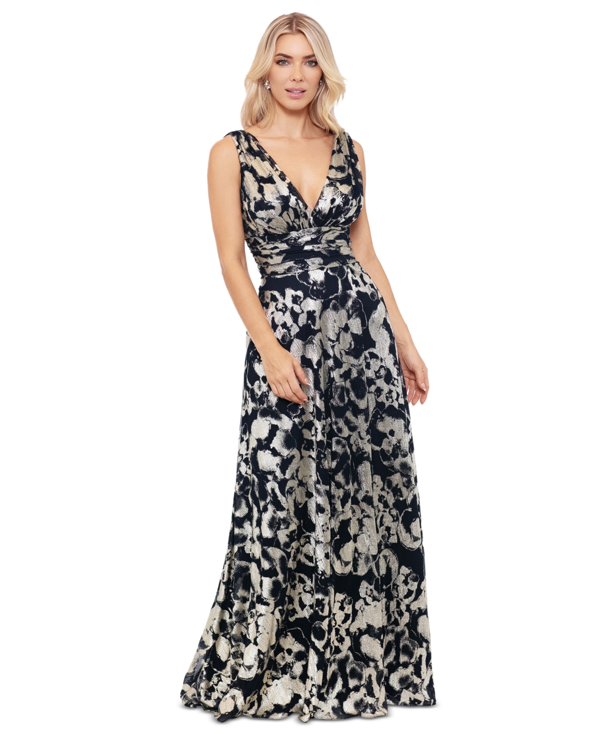 Betsy & Adam Foil Print Sleeveless Mesh Gown In Navy,gold