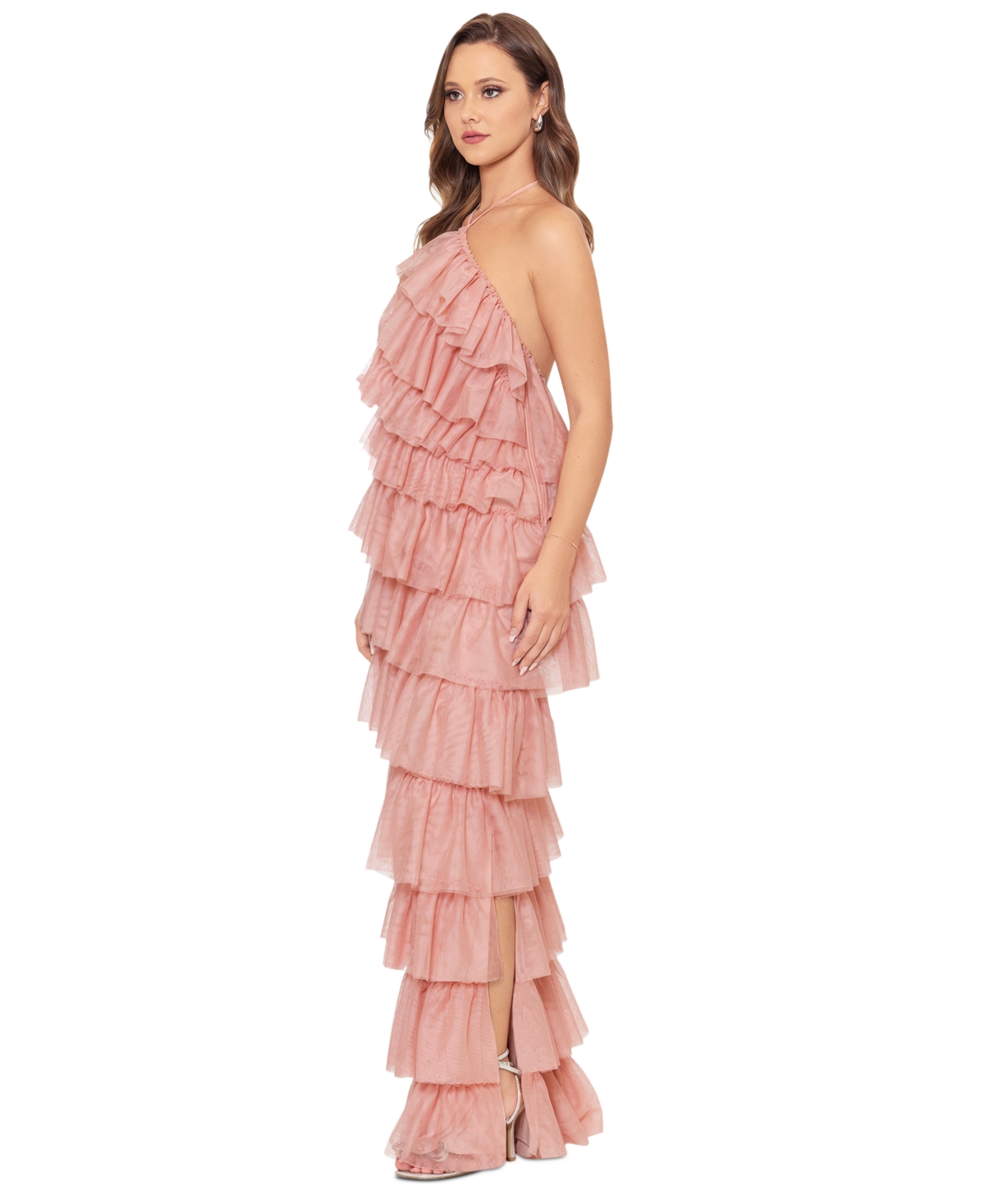 Shop Betsy & Adam Women's Layered Ruffle Halter Gown In Blush