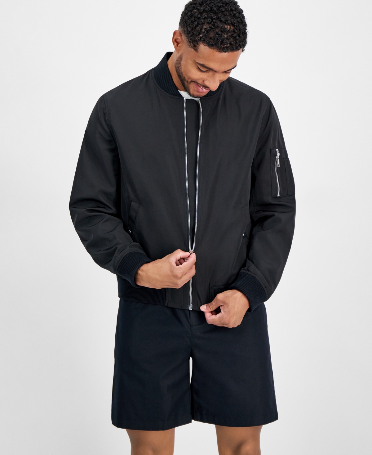 Men's Leo Regular-Fit Full-Zip Bomber Jacket, Created for Macy's - Deep Black