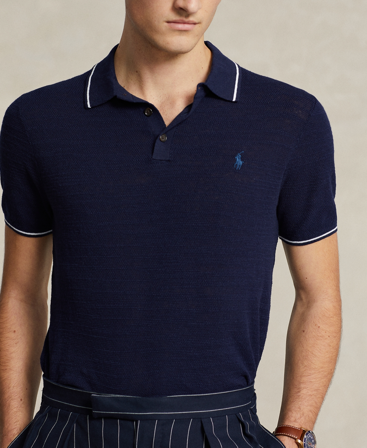 Shop Polo Ralph Lauren Men's Cotton-linen Polo-collar Sweater In Bright Navy