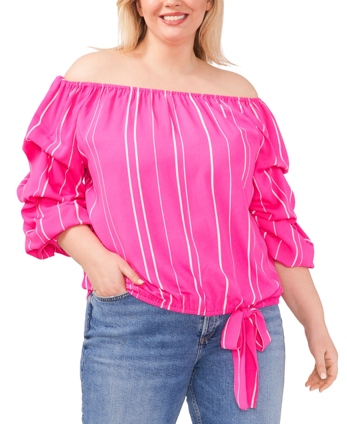 Plus Size Striped Off The Shoulder Bubble Sleeve Tie Front Blouse - Hot Pink