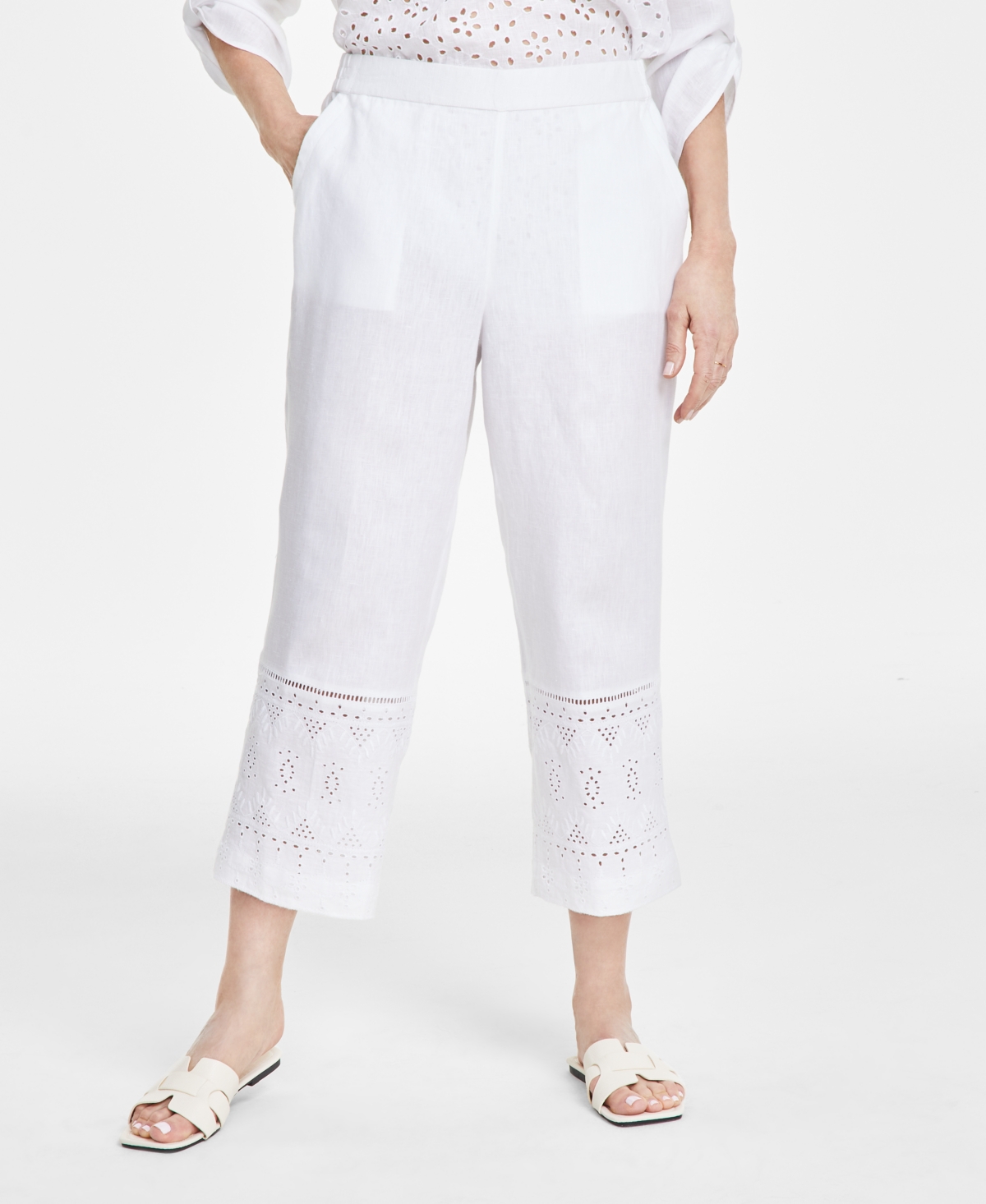 Shop Charter Club Women's 100% Linen Cropped Eyelet Pull-on Pants, Created For Macy's In Bright White
