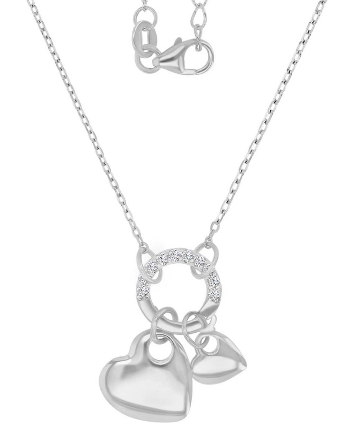 MACY'S CUBIC ZIRCONIA DOUBLE HEART CHARM & HOLDER PENDANT NECKLACE, 16" + 2" EXTENDER 