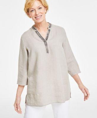 Charter Club - Women's Linen Embellished Split-Neck Tunic